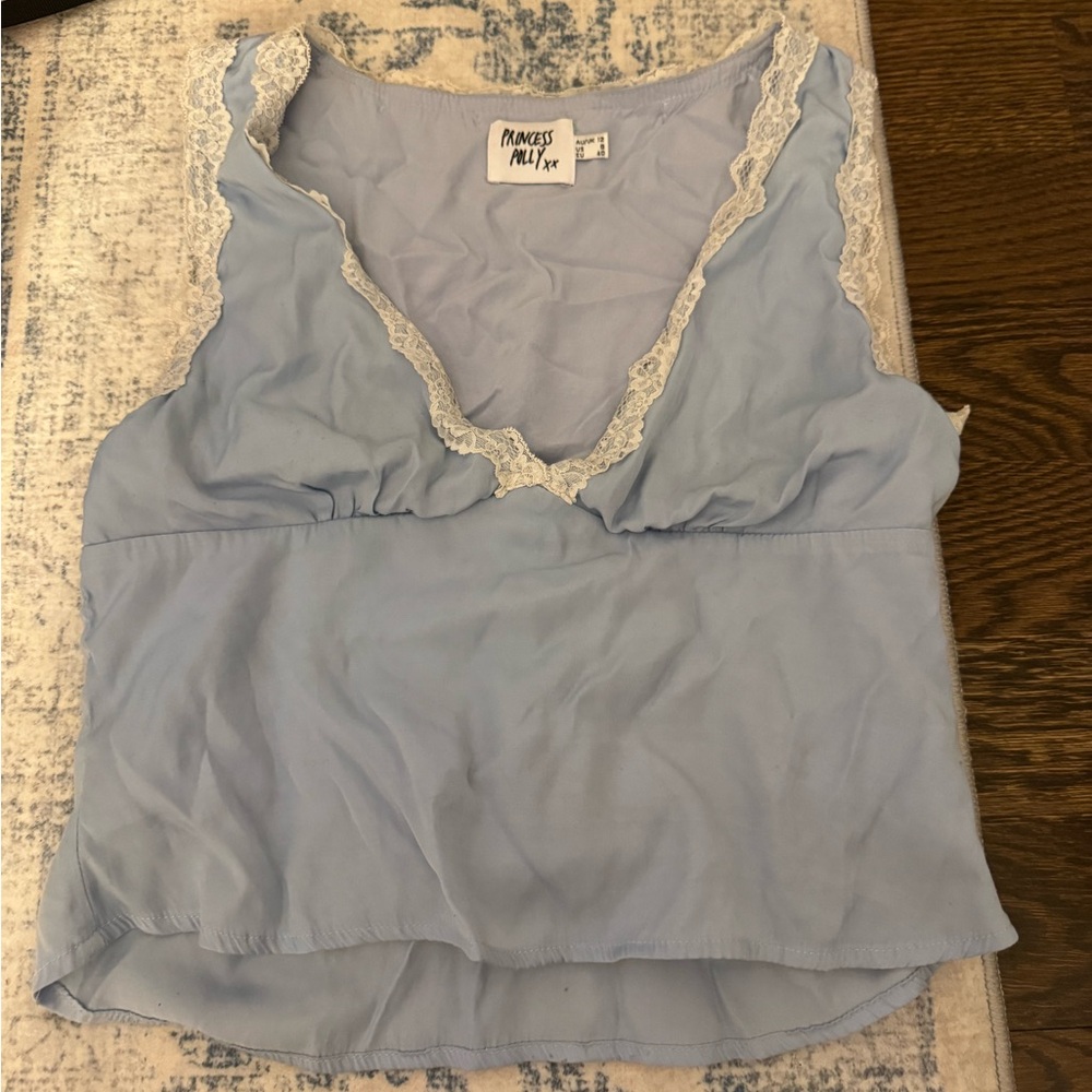 Princess Polly Light Blue Lace Trim Tank Top